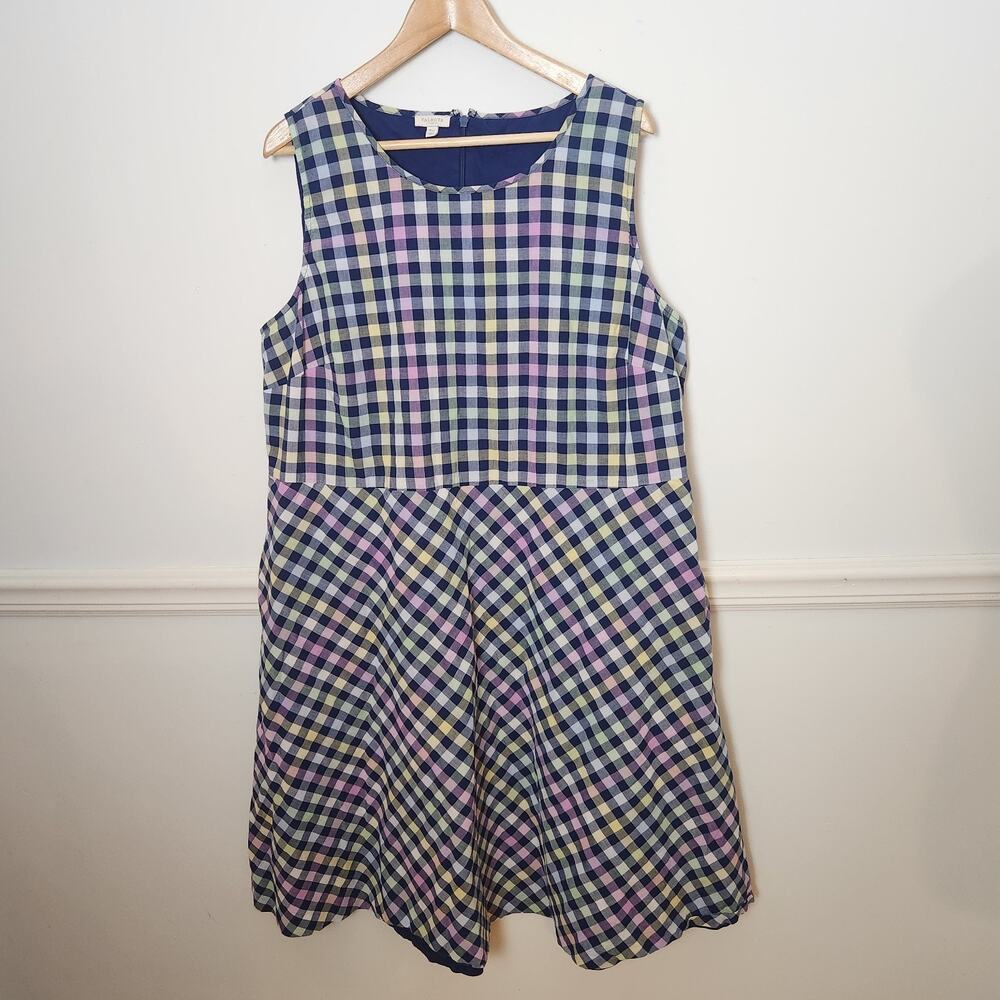 Talbots Dress 16W Womens Plaid Gingham Midi Blue Sleeveless Pockets Cottagecore